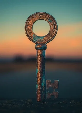 Über uns: in alter runder Schlüssel auf einem verschwommenen Hintergrund