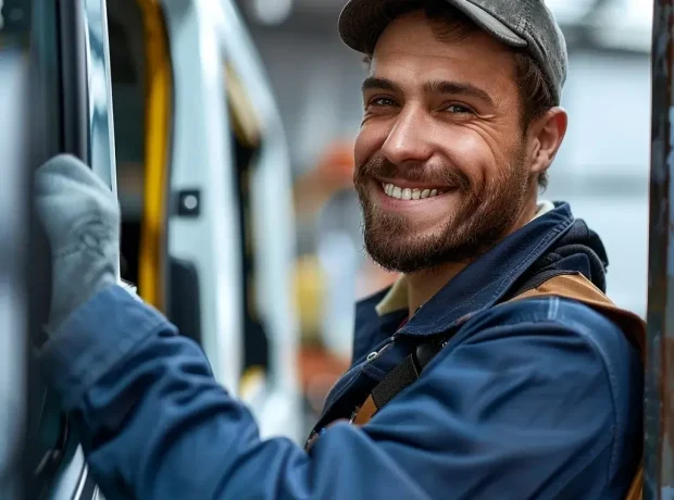 Der lächelnde Schlosser, der die Autoöffnung Krefeld durchführt.