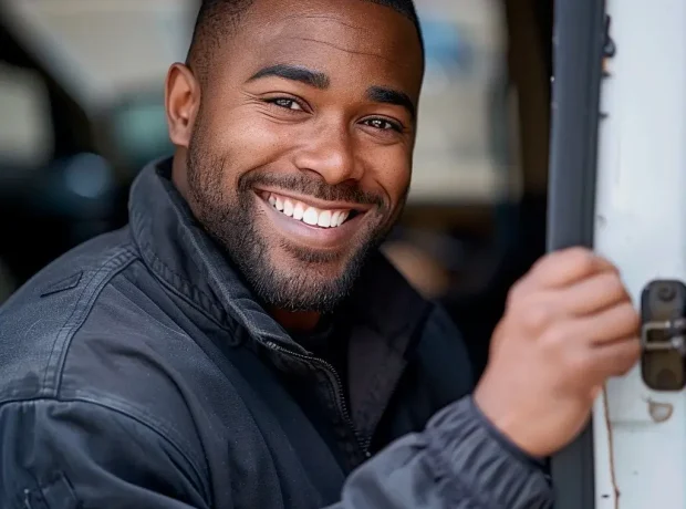 Der lächelnde Schlosser, der die Autoöffnung Krefeld durchführt.